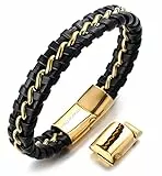 Halukakah ● Ehre ● Herren-Armband Handgefertigt | Echtleder in Schwarz | Magnetverschluss Edelstahl Gold | mit Titan Kette in Gold | KOSTENLOS Geschenkbox | Tolle Geschenkidee | 21.5cm-23cm