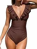 CUPSHE Damen Badeanzug Rüschen V Ausschnitt Monokinis Bauchweg Einteilige Bademode Swimsuit Schokoladenbraun L