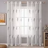 MIULEE Wohnzimmer Vorhänge Transparent mit Grau und Weiss Blätter Muster, Modern Stickerei Gardinen Ösen für Schlafzimmer Deko, 2er Set Schöne Blätter Muster Vorhang Fenster H 245 x B 140