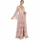 Maya Deluxe Damen Ladies Womens Maxi V Neckline Sequin With Ruffle Empire Waist Slit Split For Prom Ball Bridesm Dress, Frosted Pink, 38 EU