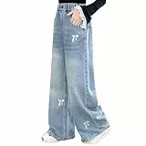 Rolanko Mädchen Baggy Jeans, Hoher Elastischer Bund Weites Bein Denim Hosen Loose Bootcut für Kinder 6-15 Jahren, Schleifen Stickerei, 11-12 Jahre, 160