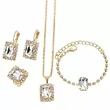 FDEETY 4 Stück Rechteckig Kristall Schmuckset Halskette Armband Ohrringe Ring Damen Elegante Schmuck Kollektion Hochwertige Juwelengarnitur