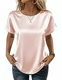 Zeagoo Damen Bluse Elegant Sommer Tunika Tops Lässige Rundhals Shirt Basic Kurzarm T-Shirt Elegant Seidenhemd Locker Oberteile Longbluse Champagner L
