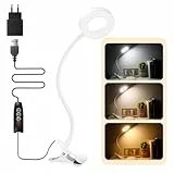 Akynite Klemmleuchte USB Weiß mit Adapter und Kabel, 48 LED Make Up Schwanenhals Lampe, 3 Farbwechsel & 10 Helligkeit, Flexibel Leselampe Bettlampe Klemmbar, Bett Lampe Kopfteil Schreibtischlampe