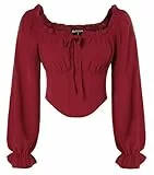 SCARLET DARKNESS Damen Trachtenbluse Gesmokte Taille Laternenärmel Korsett Top Elastische Taille Wikinger Kleidung Weinrot M