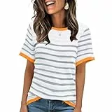 ANCAPELION Damen Casual T-Shirt Striped Kurzarm Sommer Tops Oberteile Rundhals Basic Bluse Weiß und Grau Gestreift L
