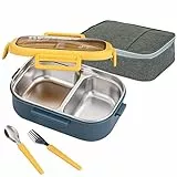 Lille Home Bento-Lunchbox aus Edelstahl mit 2 Fächern, auslaufsicher, 850 ml, Lebensmittelbehälter mit Portionskontrolle, mit Lunchtasche und Besteckset, BPA-frei