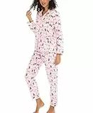 ENJOYNIGHT Schlafanzug Damen Lang Baumwolle Flanell Pyjama Set Zweiteiliger Nachtwäsche Langarm Knopfleiste Lounge Set (Medium,Rosa Katze)