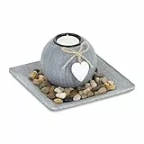 Relaxdays Teelichthalter Set mit Tablett & Steinen, 15,5 x 15,5 cm, Tischdeko Wohnzimmer, Esszimmer, Kerzenhalter, grau