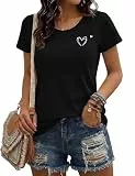 Crewhpo T Shirt Damen Kurzarm Shirts Sommer mit Herzen Basic Shirt Einfarbige Casual Top Stretch Baumwolle Oberteile Lockeres mit Rundhalsausschnitt Schwarz L