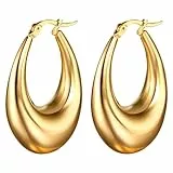 Flongo Ohrringe Gold Damen Creolen: Hoop Oval goldene rund Ohrstecker Groß Dick klobige Edelstahl Tropfen Glitzer Huggies charm chunky Reif Earrings Modeschmuck Geschenk für Frauen Mädchen