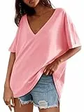 Tankaneo Damen Oversized T-Shirt Kurzarm Tiefer V-Ausschnitt Sommer Oberteile Einfarbig Basic Tee Shirts Casual Lose Tunika Tops Bluse Rosa XL