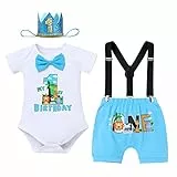 FYMNSI Baby Jungen Dschungel Safari Thema 1. / 2. Geburtstag Cake Smash Outfit Baumwolle Fliege Strampler T-Shirt Hosenträger Shorts Kopfbedeckung 4 Stück / 3 Stück Set, Blaues Tier, 6-12 Monate
