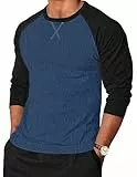 TARAINYA Langarmshirt Herren Baumwolle Rundhals Longsleeve T-Shirt Männer Patchwork mit Ausschnittnäht Dunkelblau Schwarz L