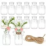 YOMKILU 12er Set Glasvase Klein, 125ml Mini Vasen mit 5m Juteschnur, 10.3cm Hoch Blumenvasen, Vasen Deko, Kleine Vasen für Tischdeko Zuhause Hochzeiten Geburtstage Feste, Spülmaschinenfest