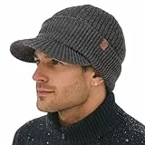 TOP-EX 50% Merinowolle Herren Damen Winter Strickmütze mit Schirm – wasserdichte Winddichte Schirmmütze, warm gefütterte Fleece Beanie für Outdoor, Running und kalte Tage, Anthrazit M/L