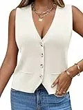 Saodimallsu Damen Ärmellos Pullover Weste Stricken V Hals Knopf Mode Lässig Lose Strickjacke Weiß, M
