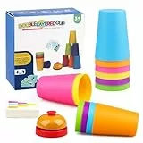 Dawumin Stapelbecher Spiel für Kinder, Becher Stapelspiel mit 12 bunten Bechern, 50 Karten und 1 Klingel, Reaktionsspiel Farbzuordnungsspiel Konzentrationsspiel für Kinder ab 3 Jahren
