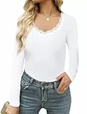 Crewhpo Langarmshirt Damen mit V-Ausschnitt Top Spitze Basic Oberteile Thermo Einfarbiges Longsleeve Langarm Slim Fit Blusen Elegant Shirt Weißes