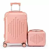 LEADZM Kofferset 2 teilig, Reisekoffer Set mit Kosmetikkoffer und Eckenschutz, Koffer Set Hartschalen-Trolley aus ABS mit Teleskopgriff, Handgepäck, Diamantförmige Vertikale Streifen (Roségold)