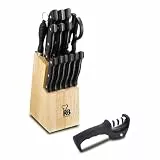 RENBERG TENESSY - Set 15-teilig Messer und Messerschärfer mit Holzmesserblock - Edelstahl - Schwarzer Griff - Langlebig und praktisch