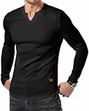 JMIERR T-Shirts für Herren Geteilter Kragen Ribbed T-Shirt Muscle Slim Fit 2024 Basic Langarm Shirts Hem Schwarz 3XL