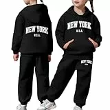 Generisch Kinder Trainingsanzug Mädchen Jungen Langarm Hoodie Pullover Hosen Outfit Warme Solide Sportbekleidung (Black, 10-11 Years)