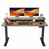 FEZIBO Höhenverstellbarer Elektrischer Stehtisch mit Doppelschublade, 140 x 60 cm Heimbüro Schreibtisch mit Ablagefach, Sitz-Steh-Schreibtisch Computerarbeitsplatz, Rustikal Braun Oberfläche