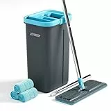 JOYMOOP Wischmopp- und Eimer-Set mit Auswringer, mit 3 wiederverwendbaren Mikrofaser-Wischpads, Wischmopps für Bodenreinigung und Wandreinigung, freihändiger Flachmopp für den Heimgebrauch – Grau +