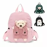 Aucuu Kindergartenrucksack Kinder, Bär Kinderrucksack, Kindergartenrucksack mit Plüschtier, Kita Rucksack mit Abnehmbarem Spielzeug, Kindergarten Schultasche für Mädchen Junge Kindergarten