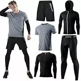 Herren Sport Laufset (5er Pack) Athletisches Shirt+Short/Kompression Shirt+Hose mit Mantel Trainingsanzug Gym Anzüge Grau 04 S