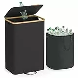 SONGMICS Pfandflaschen-Sammelbehälter, 95 L Pfandflaschen-Behälter, Flaschensammler Leergut, Recycling-Behälter, mit Loch, Deckel, Innensack mit Griffen, Küche, tintenschwarz-naturbeige RRB509B01