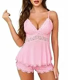 Lovasy Schlafanzug Damen Kurz Sexy Nachtwäsche Spitzen Dessous Set Loungewear Trägern Pyjama,Rosa,L