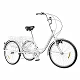 KEESUNG Dreirad für Erwachsene 24', 6 Gang Fahrrad Trike mit Licht & Einkaufskorb 3-Räder Fahrrad für Erwachsene Senioren, City Tricycle Fahrrad für Fahrten, Einkaufen, Outdoor-Aktivitäten/Weiß