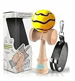ASOLAND Kendama Traditionelles Holzspielzeug – Japanisches Bilboquet für Kinder & Erwachsene – Verbessert Reflexe und Geschicklichkeit – Komplett-Set für Profis & Anfänger, Gelb mit schwarzen Streifen