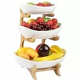 Gaethra Fruchtkuchen Stehen Mehrstöckiger Keramik-Obstkübel Küche Ablagekorb Arbeitsplatte Dekoschalen 3 Stöckig Obstschale Obstkorb Etagere mit Hölzernen Ständern für Küchendekoration Obst Snacks