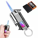 Sturmfeuerzeug Jetflamme, CJBIN 3 In 1 Winddichte Feuerzeuge mit Flaschenöffner und Schlüsselanhänger,Sturmfeuerzeug Gas Nachfüllbar Metall,Coole Feuerzeuge für Küche Camping Männergeschenke(Ohne Gas)