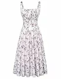SCARLET DARKNESS Damen Freizeit Maxikleid Elegant mit Schnürung Gesmokt Sommerkleid Weiß-Violett Blumen XL