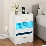 YITAHOME Nachttisch, Beistelltisch mit LED-Lichtern und Ladestation, Nachttischschrank Nachttisch mit Aufbewahrungsschubladen für Wohnzimmer Schlafzimmer, 40 x 40 x 60 cm, Weiß