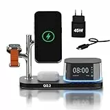 Kabellose Ladestation 5-in-1 mit Wecker, Bluetooth-Lautsprecher & LED-Nachtlicht für MagSafe von MMOBIEL – 25W Qi2.2 Magnetisches Kabellose Ladegerät für iPhone, Apple Watch & AirPods – Schwarz