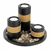 Relaxdays Teelichthalter Set mit Tablett & Steinen, Ø 19,5 cm, Tischdeko Wohn- & Esszimmer, Kerzenhalter, schwarz/braun