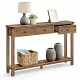 VASAGLE Konsolentisch, Beistelltisch, schmaler Sofatisch, mit 3 Schubladen und Einer Ablage, für Flur, Wohnzimmer, Landhausstil, honigbraun LNT142KB01