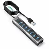 GiGimundo GM7U 7 Port USB HUB 3.0 Aluminium, 1.8M Lang Kabel mit 5V/3A Type-C Stromeingangsanschluss, USB Verteiler 3.0 für PC-Laptop, Desktop-Computer, PS4, PS5, älterer Mac