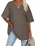 TOMEEK Damen T-Shirt mit V-Ausschnitt Kurzarm Sommer Oversize Shirts Baumwolle Basic Casual Top Lose Bluse Weite Schulter T-Shirts(Grau,M)