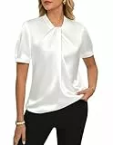 GRACE KARIN Damen Satin Kurzarm Pullover Top mit Knotenkragen Elegante Freizeitbluse für Büro und Freizeit Elfenbein S