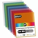 perfect ideaz - 50 Blatt Transparentpapier DIN A4, 10 Farben sortiert, 115 g/m², lichtdurchlässig & hochstabil, säurefrei, FSC® zertifiziert, Bastelpapier für Laternen, Karten & Deko