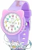 Ayybboo Kinderuhr Mädchen Jungen,Katzenohr Armbanduhr Kinder mit Cartoon-Silikonband,3ATM Wasserdicht Analoge Quarzwerk Lernuhr für 4-12 Jahre Pädagogisches Geschenk (Lila)
