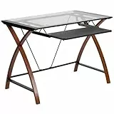 Flash Furniture Computertisch, Schreibtisch mit Oberfläche aus klarem Glas, stabiler Arbeitstisch mit Gestell aus Kirschholz und schwarzer, glatter Tastaturschublade, 66,3 x 90,2 x 75,6 cm