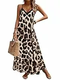 SweatyRocks Kleid Leoprint Damen Lang Trägerkleid Maxikleid Sommer Strandkleider Spaghettiträger Kleid Leo Sommerkleid V Ausschnitt Maxikleider Leoparden S
