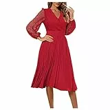 MICKURY Italienische Kleider,Kleider Damen Sexy Ballkleider Damen Kleider Busenfrei Damen Langarm V-Ausschnitt Spitze Feste Farbe Freizeitkleid Midi Kleider Für Damen Freizeit(Rot,S)